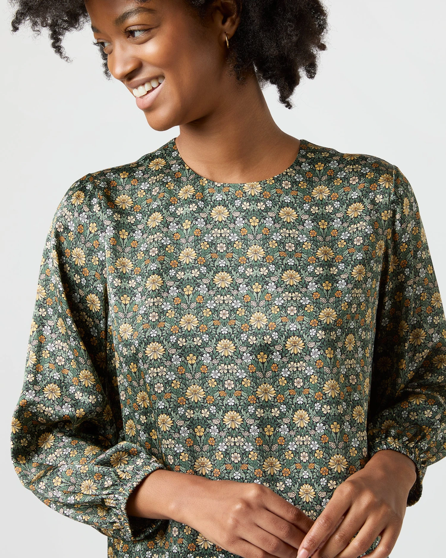 Long-Sleeved Paige Maxi Dress In Hunter/Gold Moon Flower Liberty Fabric Silk - Image 2