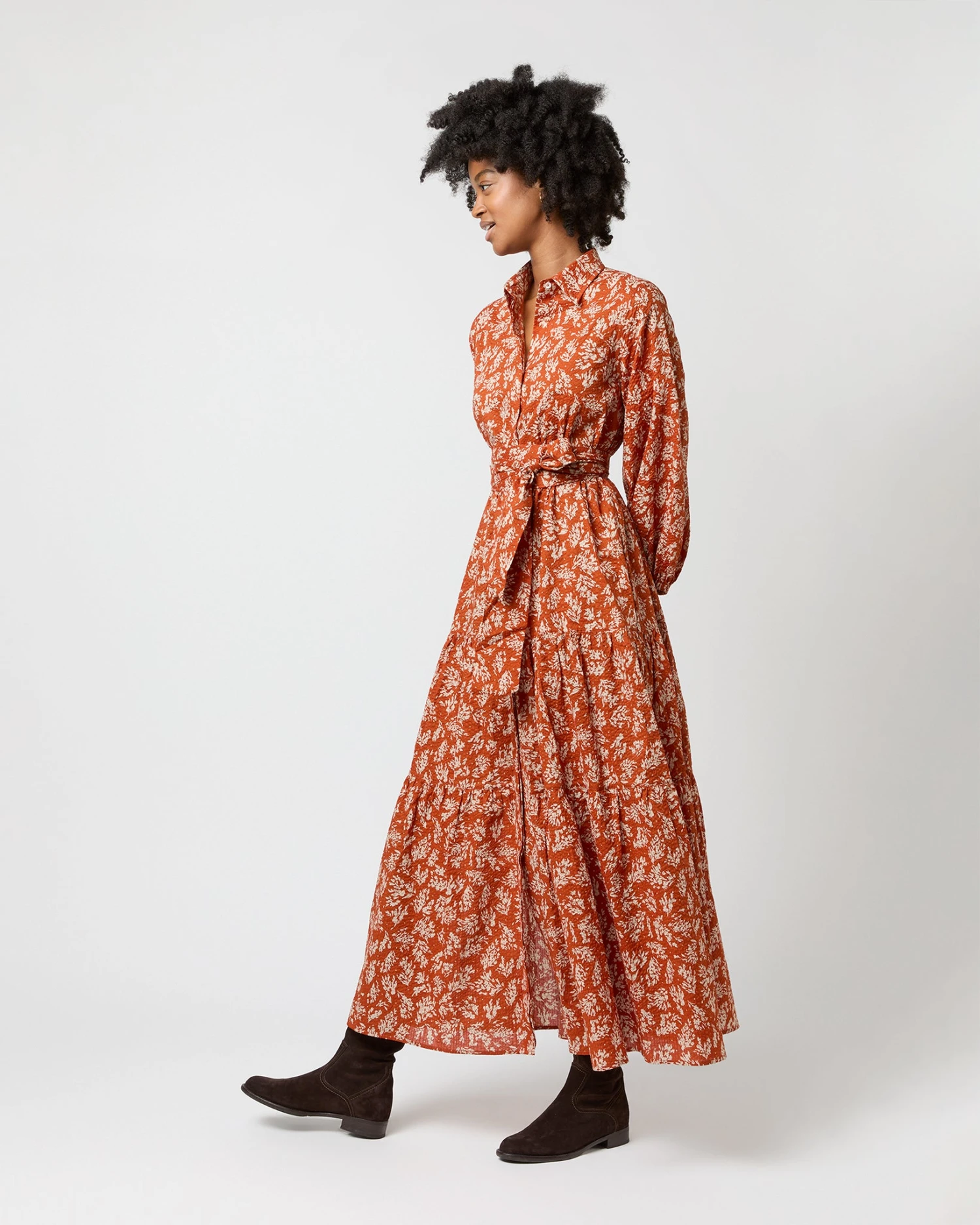 Isla Shirtdress In Orange Autumn Floral Crinkle Cotton - Image 3