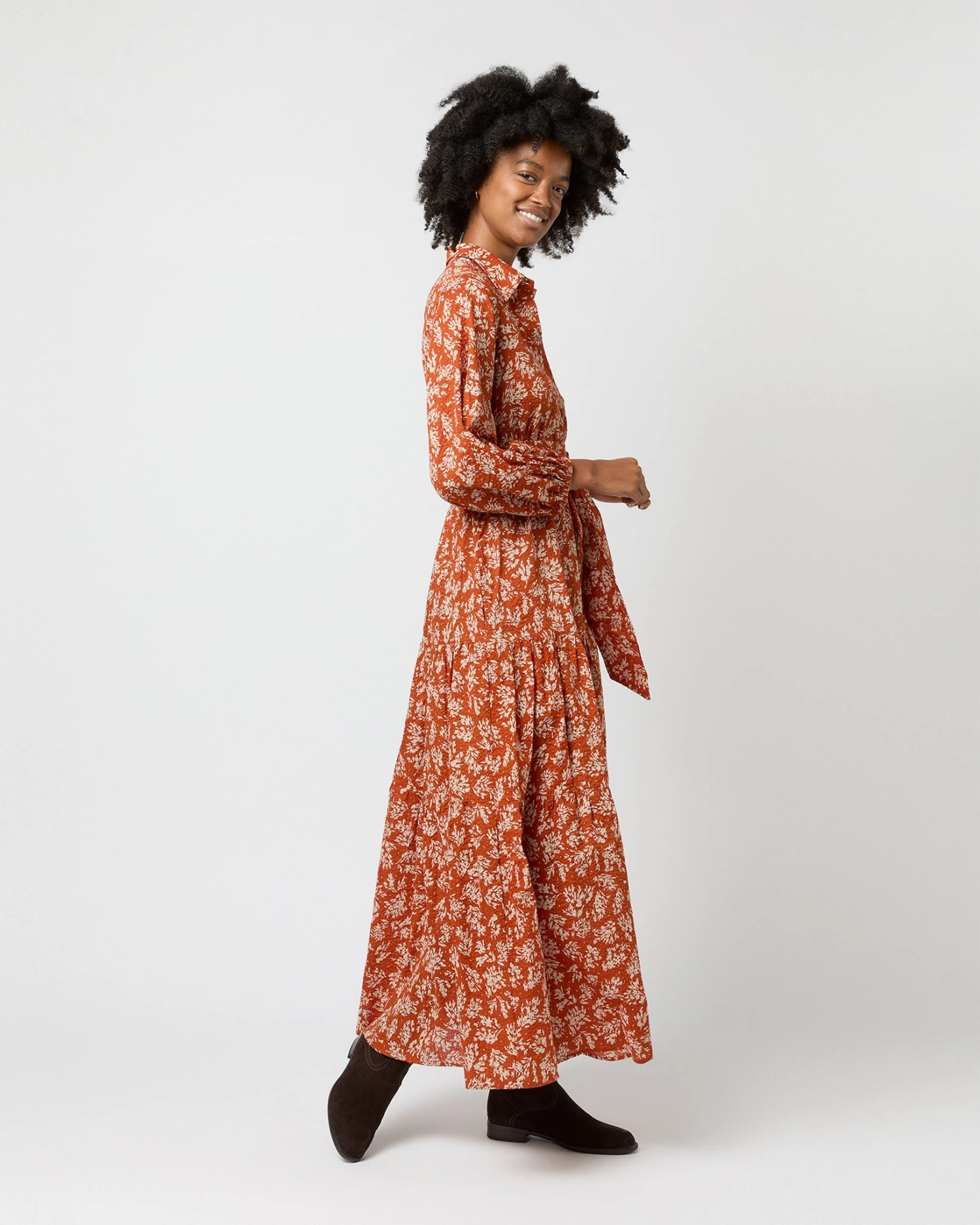 Isla Shirtdress In Orange Autumn Floral Crinkle Cotton - Image 4