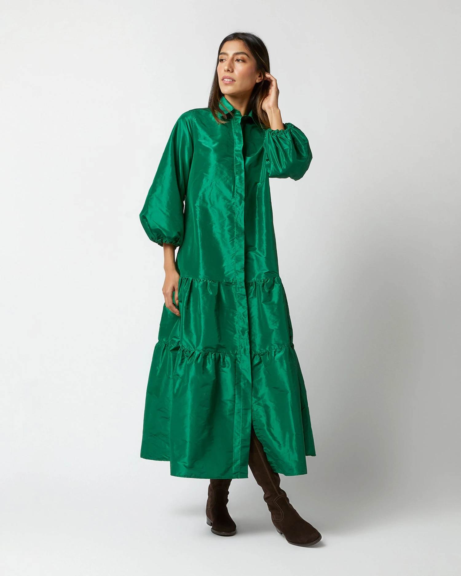 Isla Shirtdress In Green Silk Taffeta - Image 8