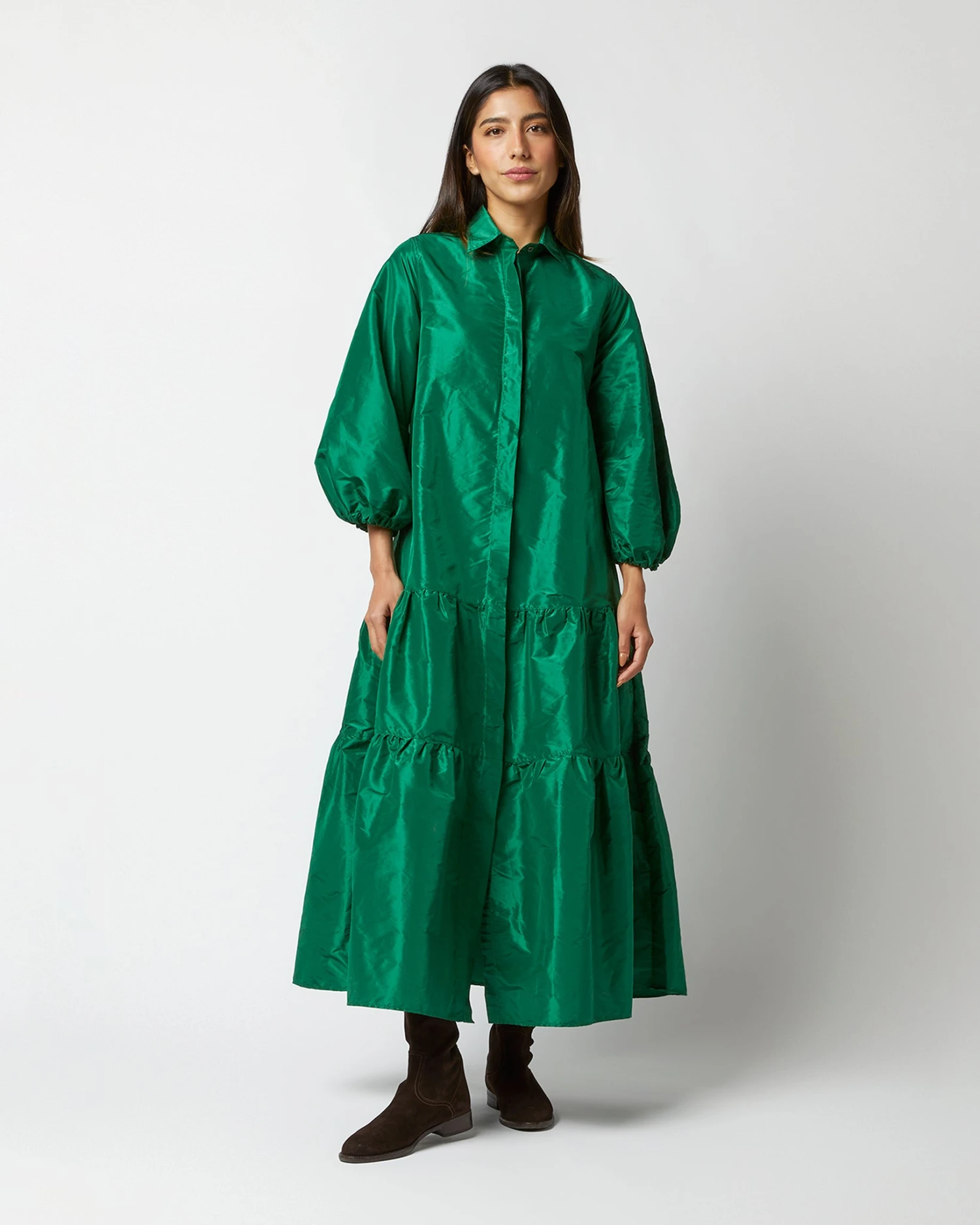 Isla Shirtdress In Green Silk Taffeta - Image 7