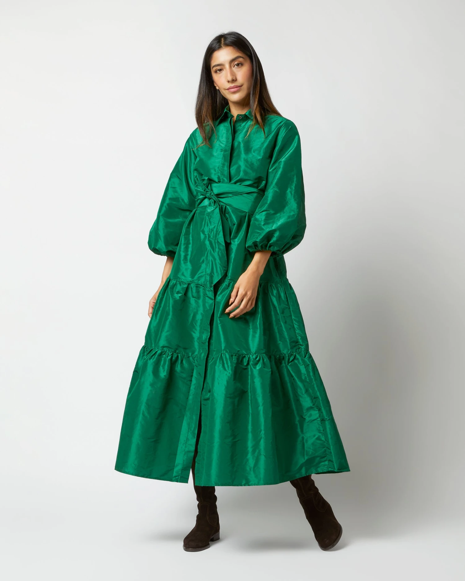 Isla Shirtdress In Green Silk Taffeta
