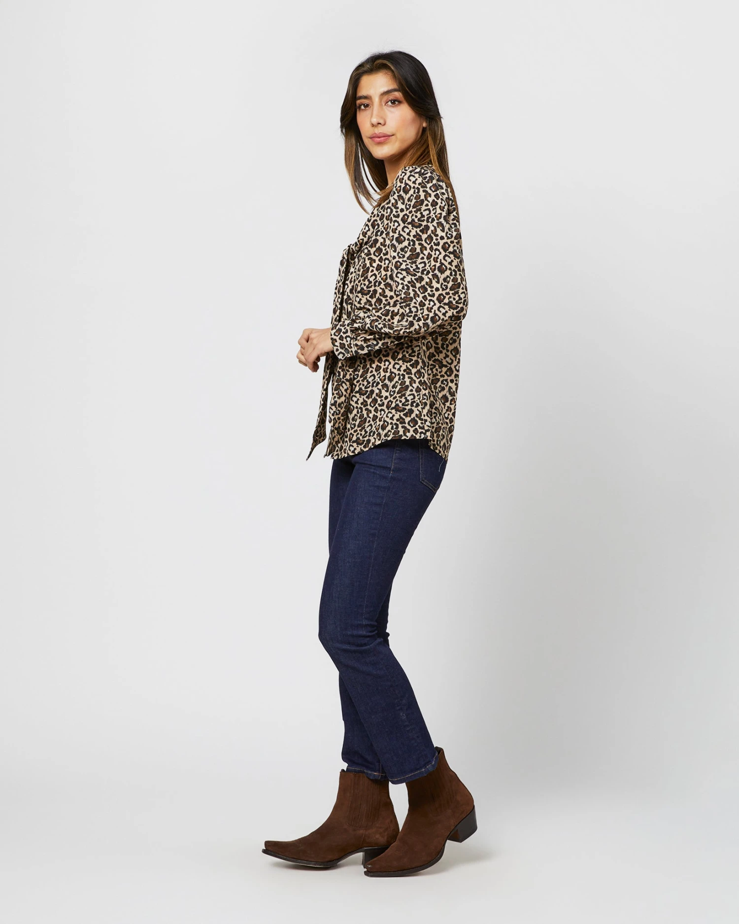 Helene Tie-Neck Blouse In Camel/Black Painterly Leopard Crepe De Chine - Image 7