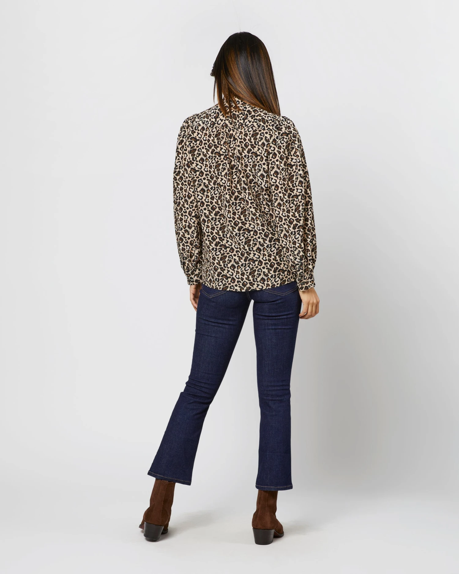 Helene Tie-Neck Blouse In Camel/Black Painterly Leopard Crepe De Chine - Image 8