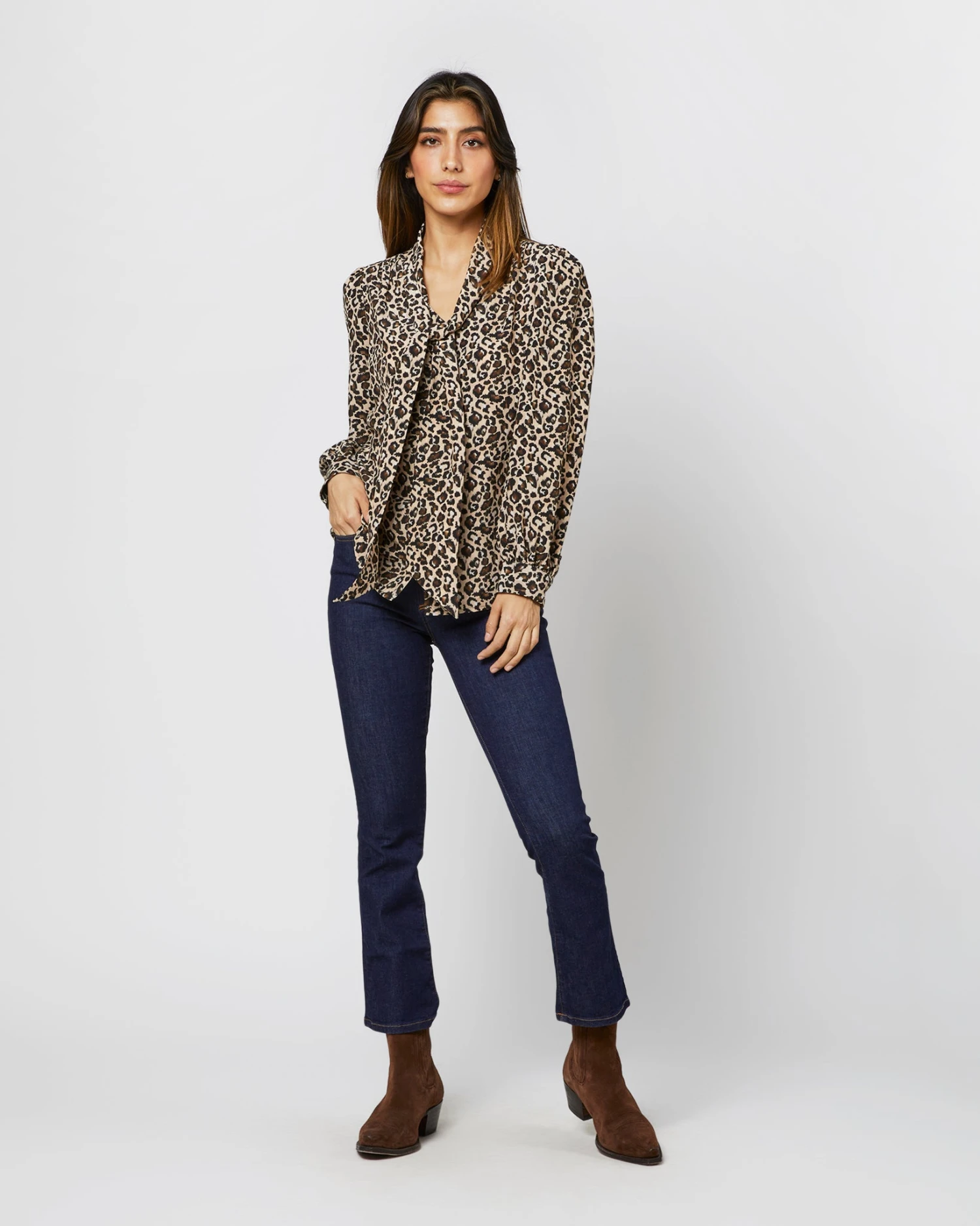 Helene Tie-Neck Blouse In Camel/Black Painterly Leopard Crepe De Chine - Image 6