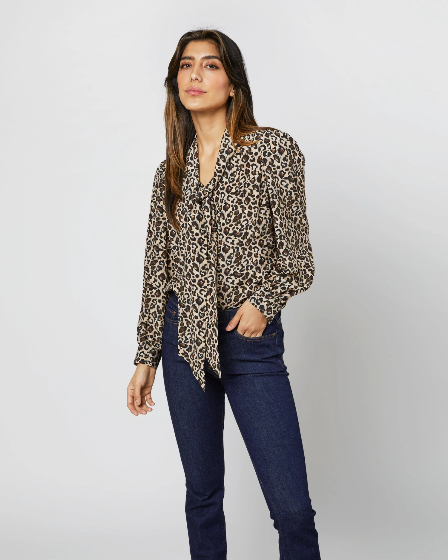 Helene Tie-Neck Blouse In Camel/Black Painterly Leopard Crepe De Chine - Image 9