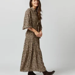 Isla Shirtdress In Camel/Black Painterly Leopard Crepe De Chine