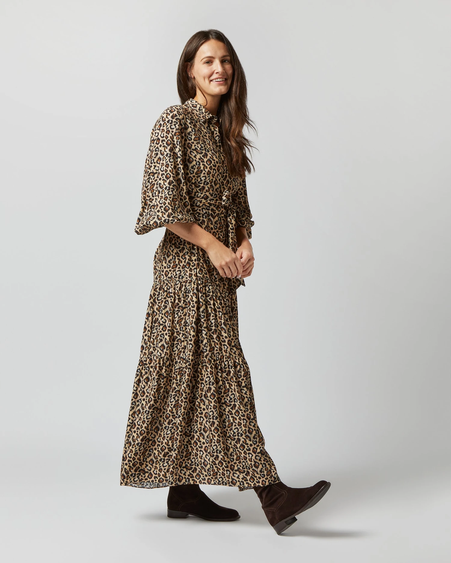 Isla Shirtdress In Camel/Black Painterly Leopard Crepe De Chine