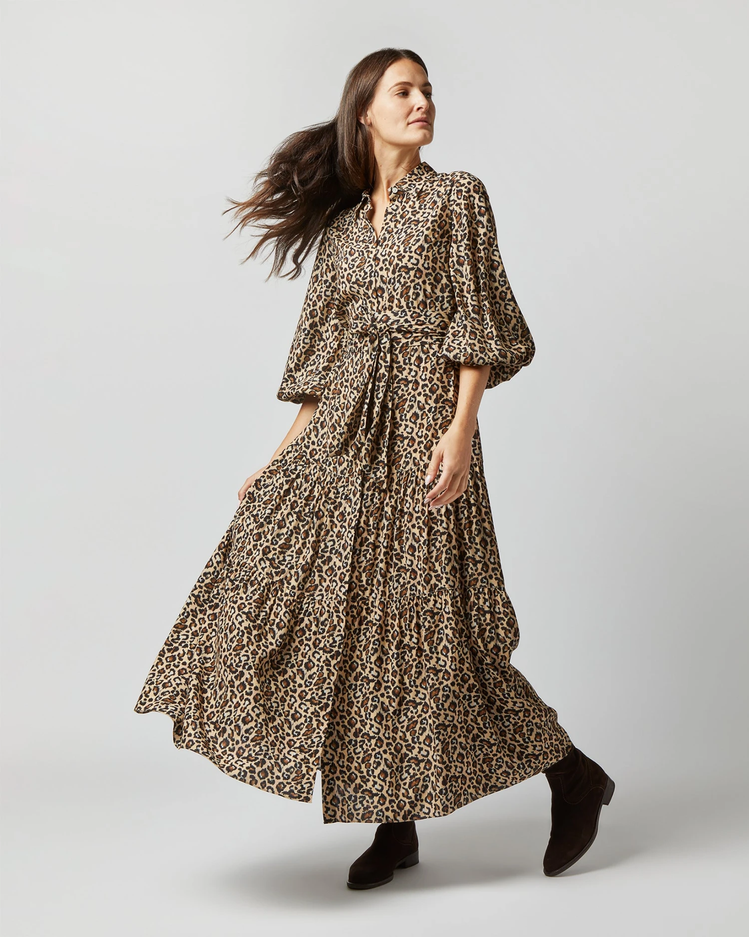 Isla Shirtdress In Camel/Black Painterly Leopard Crepe De Chine - Image 8
