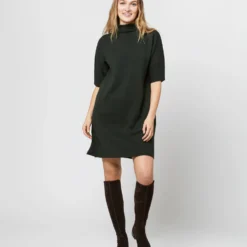 Rowan Short-Sleeved Funnel-Neck Dress In Bottle Green Merino Wool