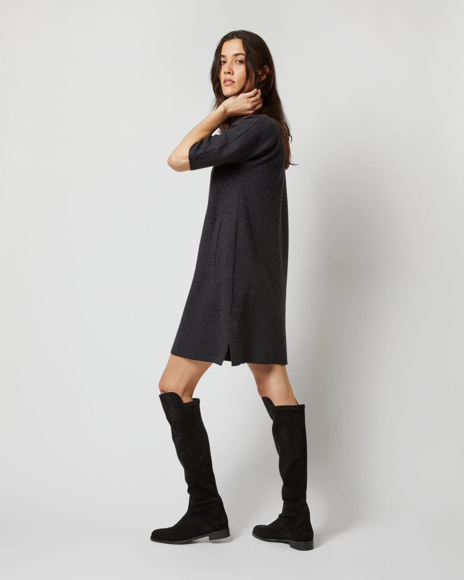Rowan Short-Sleeved Funnel-Neck Dress In Heather Coal Merino Wool - Image 3