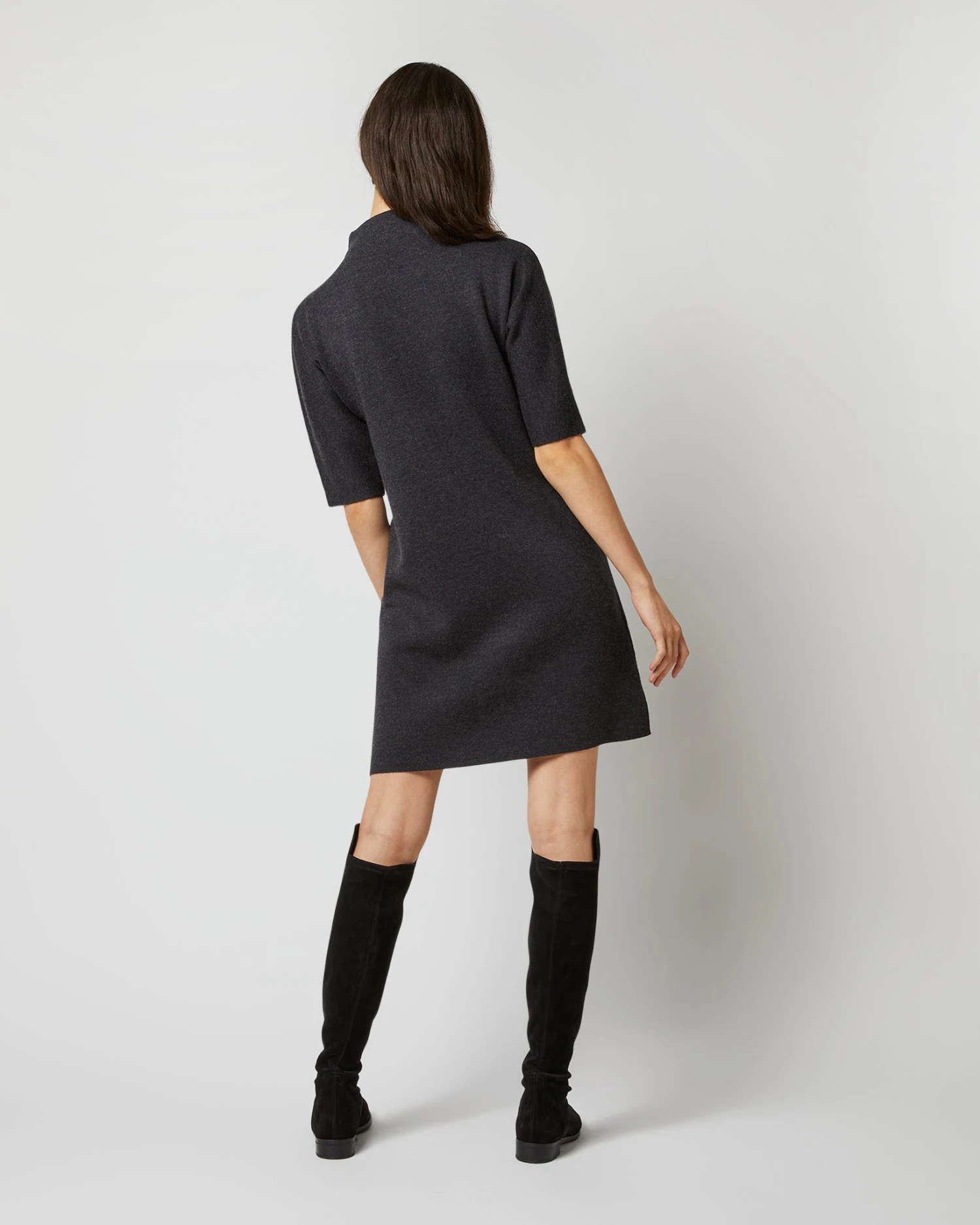 Rowan Short-Sleeved Funnel-Neck Dress In Heather Coal Merino Wool - Image 5