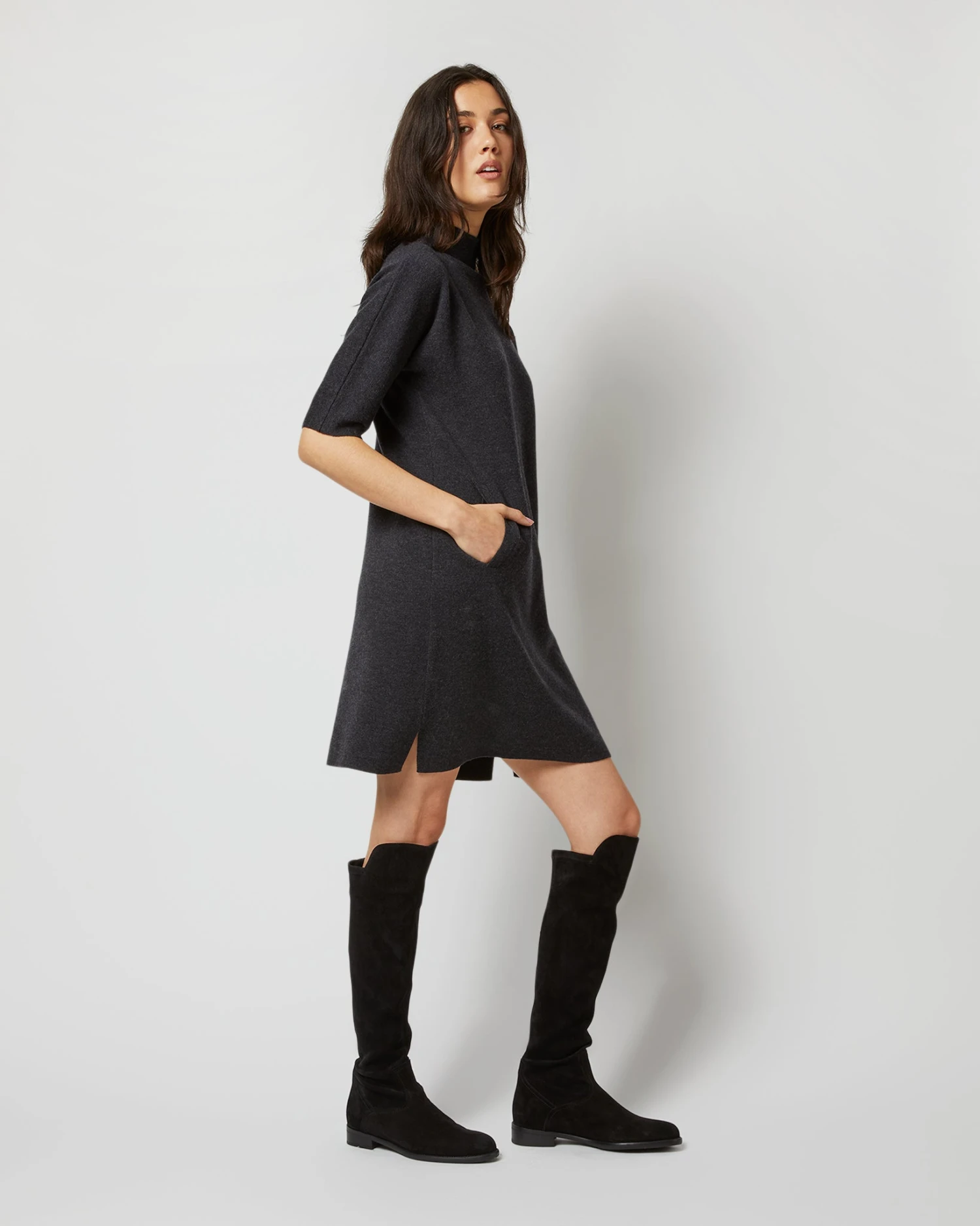 Rowan Short-Sleeved Funnel-Neck Dress In Heather Coal Merino Wool - Image 2
