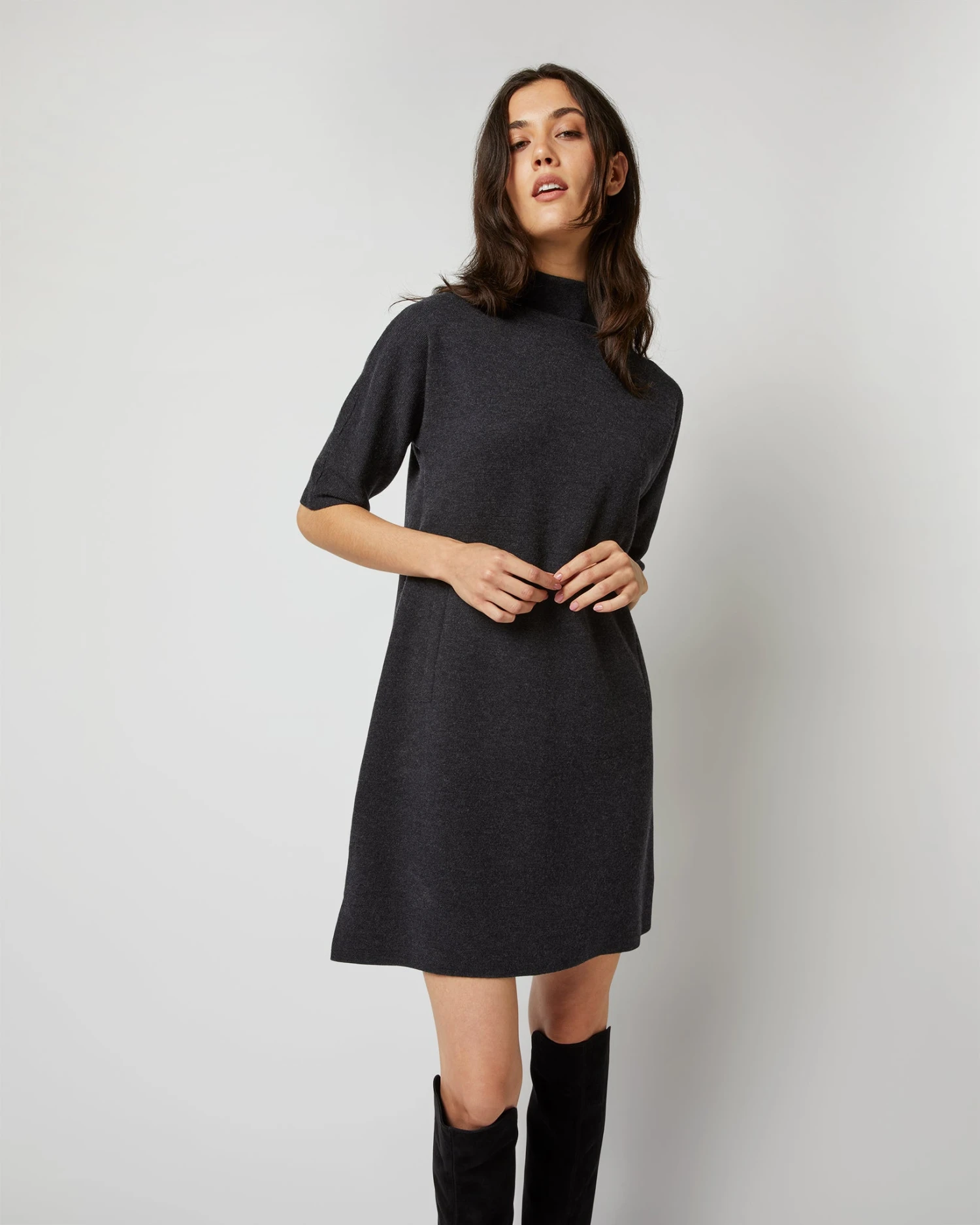 Rowan Short-Sleeved Funnel-Neck Dress In Heather Coal Merino Wool - Image 4