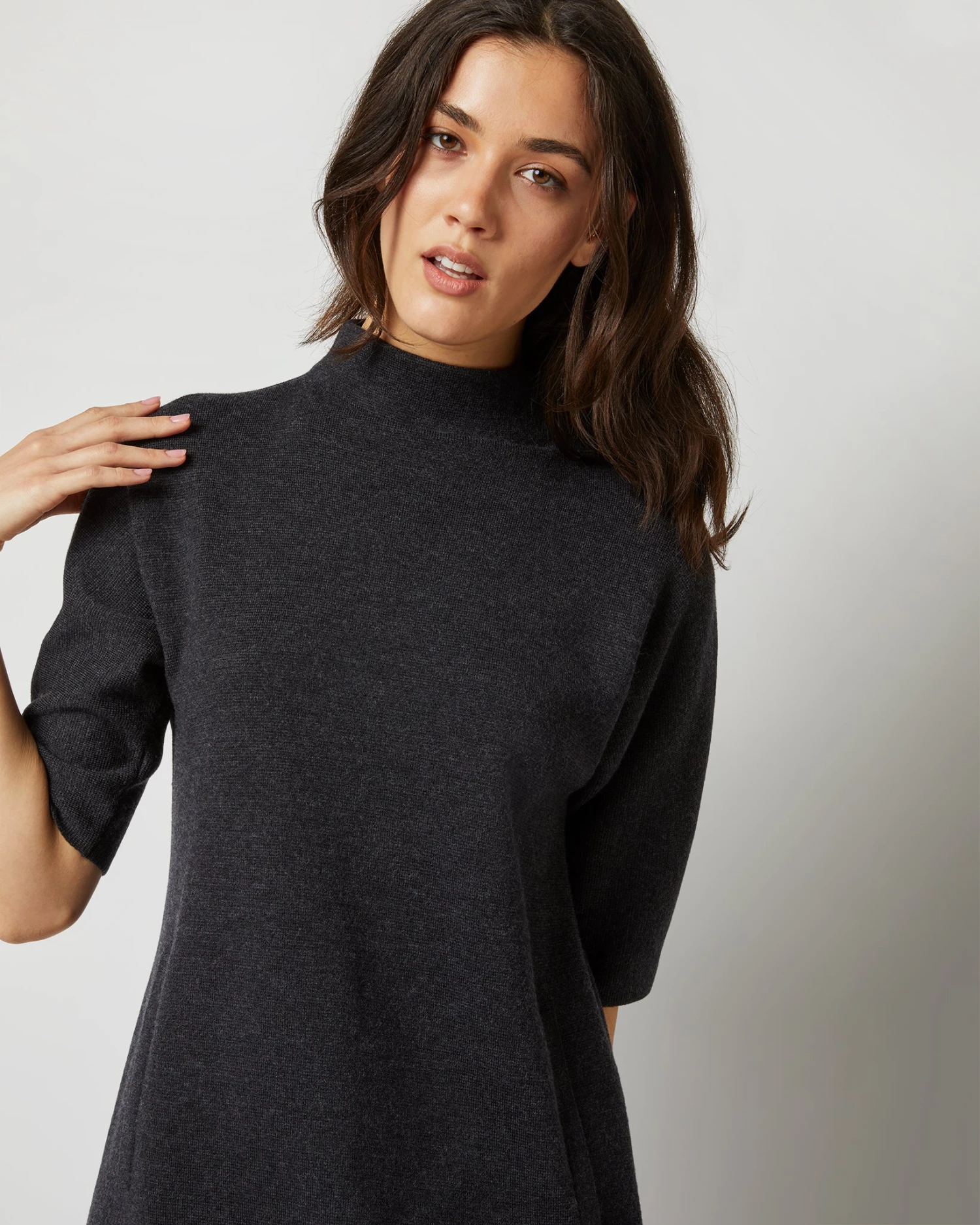 Rowan Short-Sleeved Funnel-Neck Dress In Heather Coal Merino Wool - Image 6