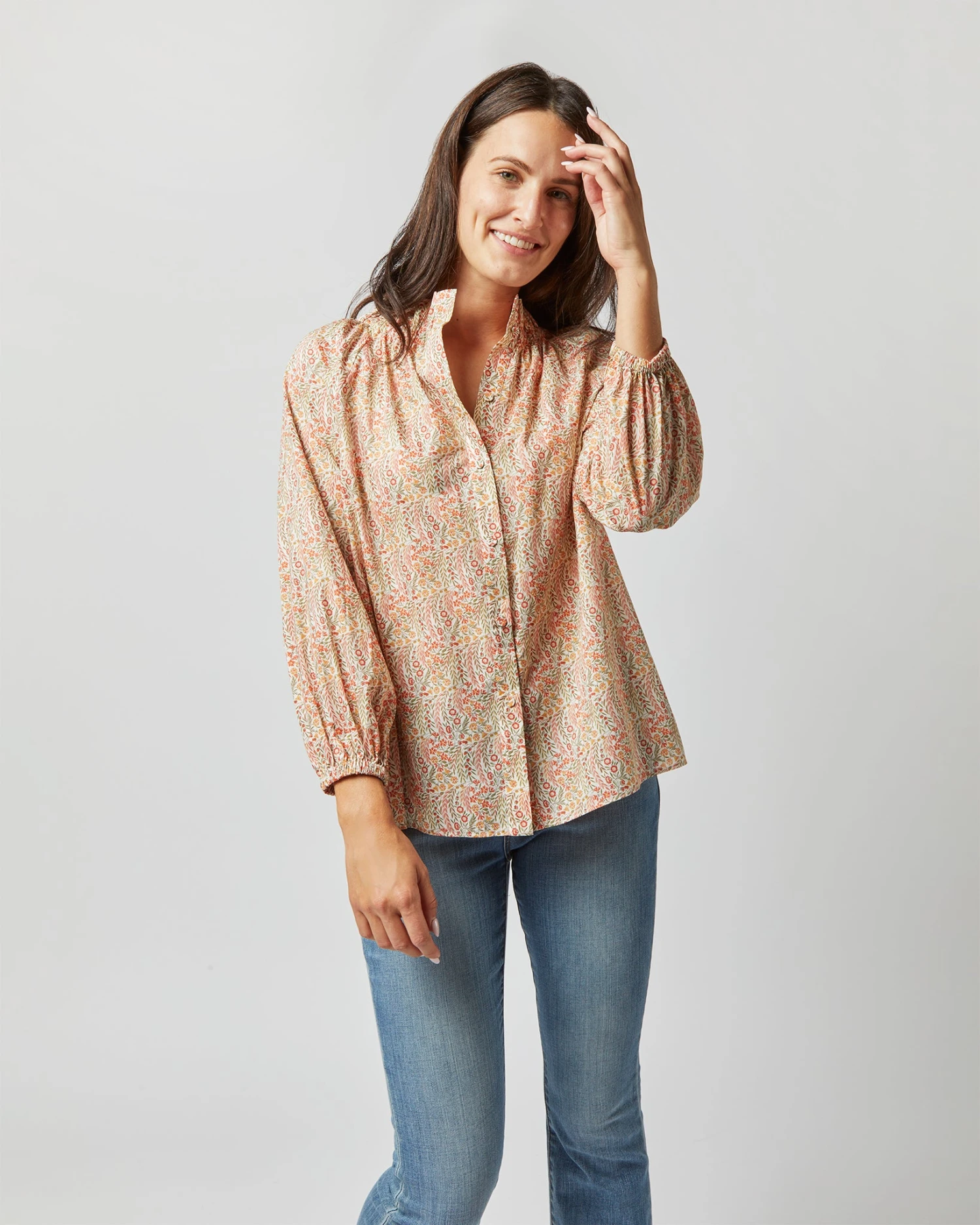 Button-Front Kamille Blouse In Orange Multi Naiad Liberty Fabric - Image 2