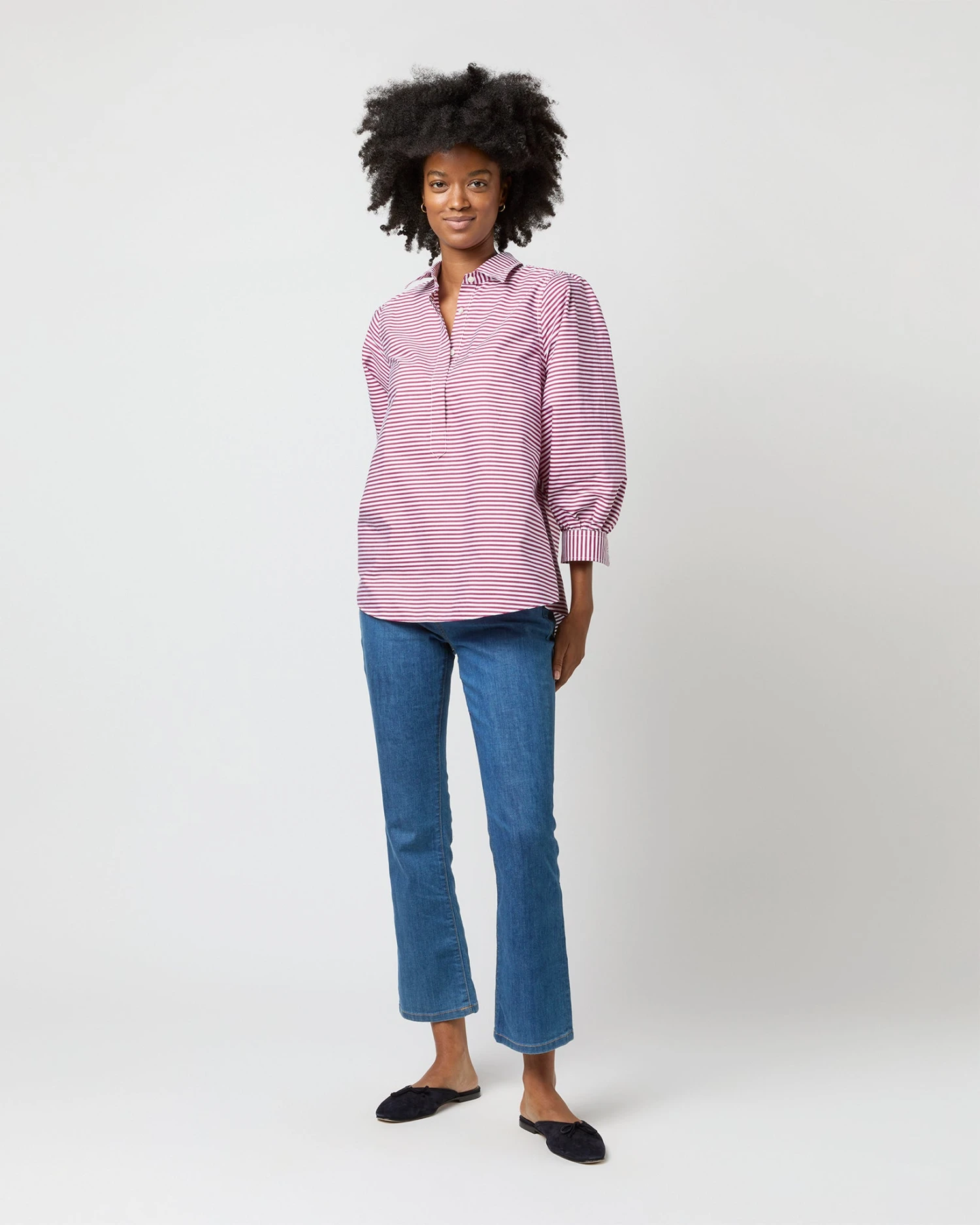 Geraldine Popover Shirt In Red Horizontal Bengal Stripe Poplin - Image 2