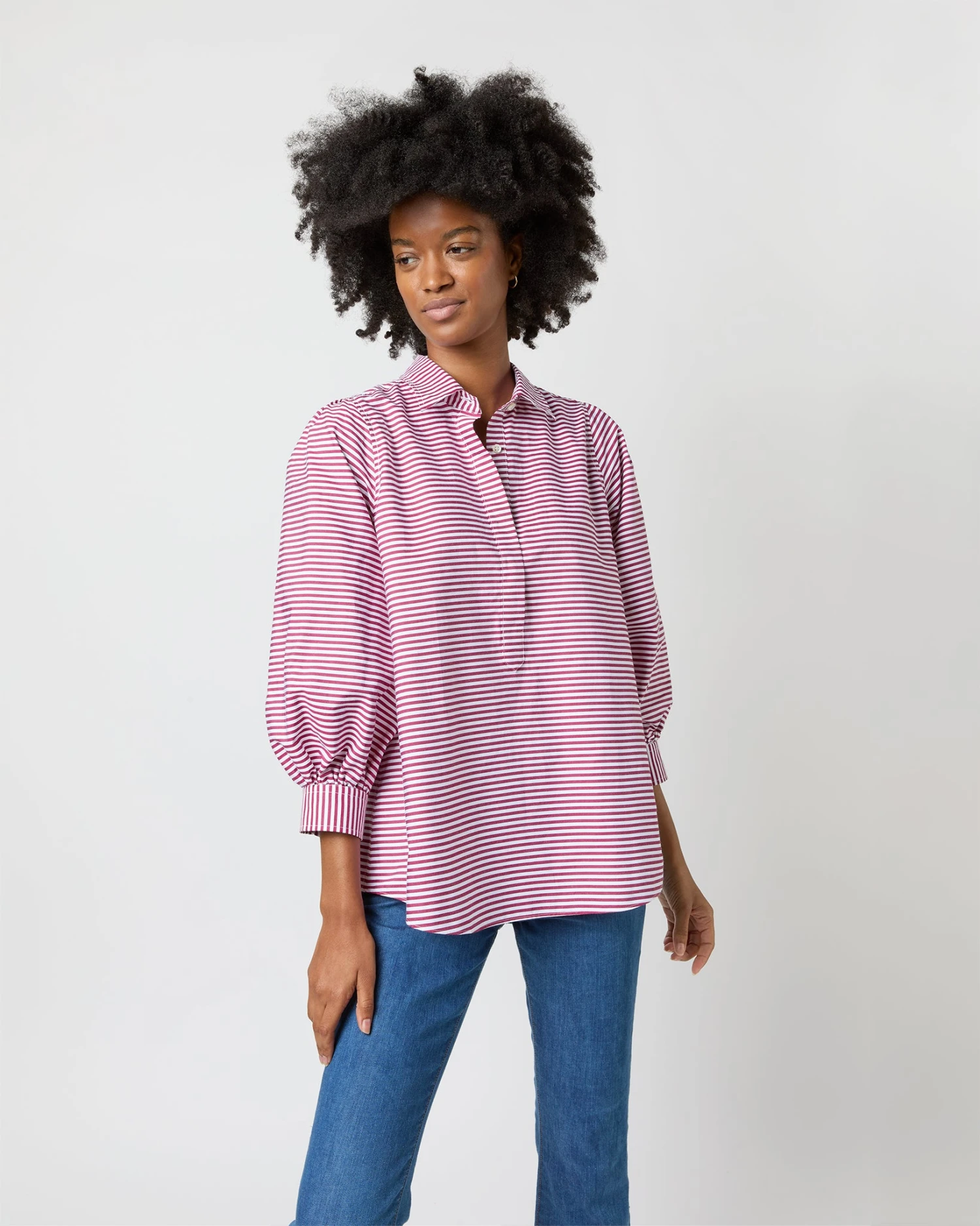 Geraldine Popover Shirt In Red Horizontal Bengal Stripe Poplin - Image 4