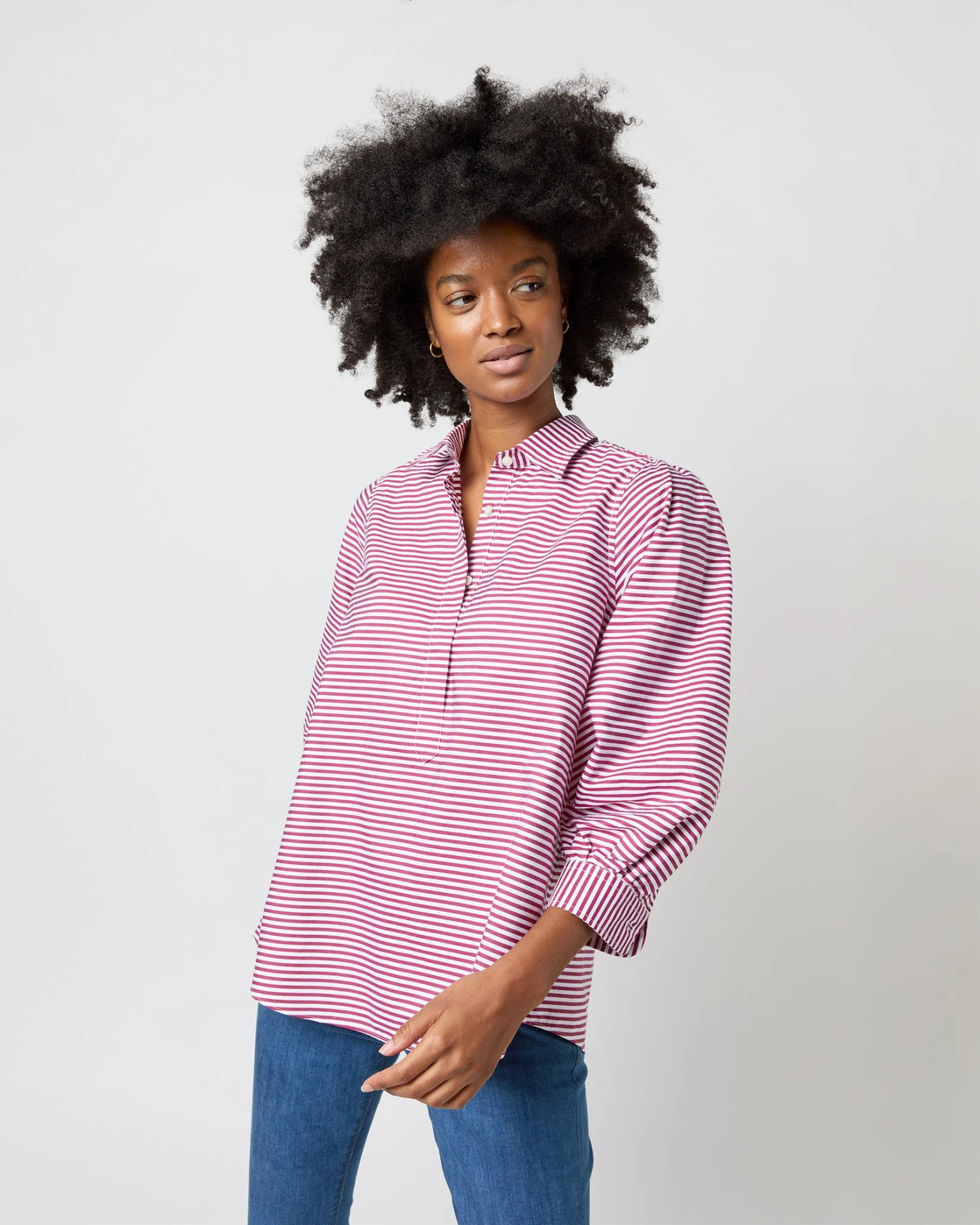 Geraldine Popover Shirt In Red Horizontal Bengal Stripe Poplin - Image 3