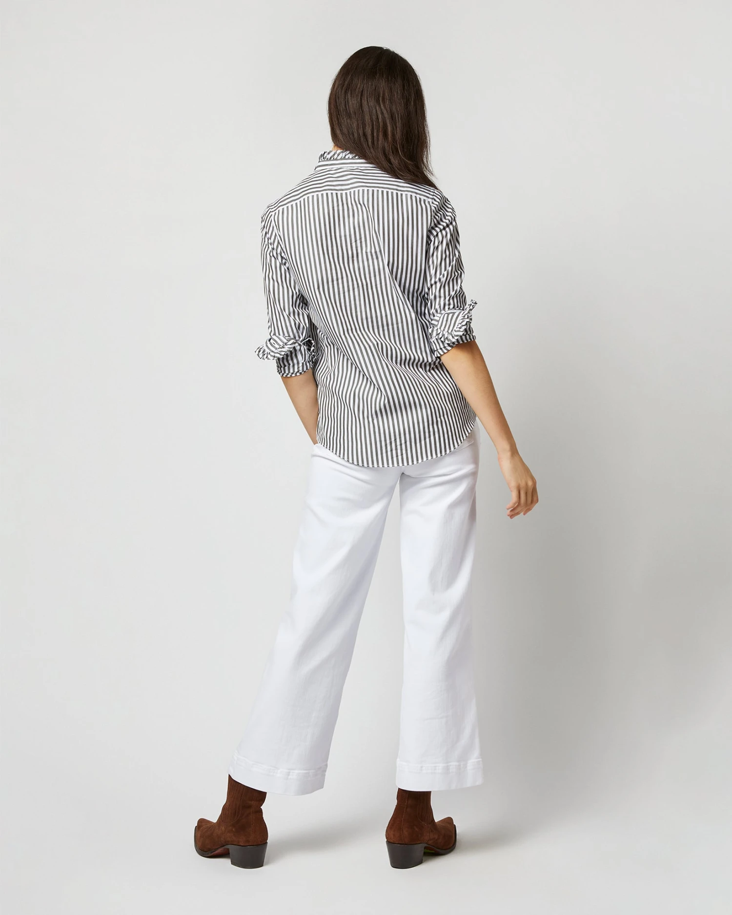 Frill Shirt In Dark Olive Awning Stripe Cotton - Image 7