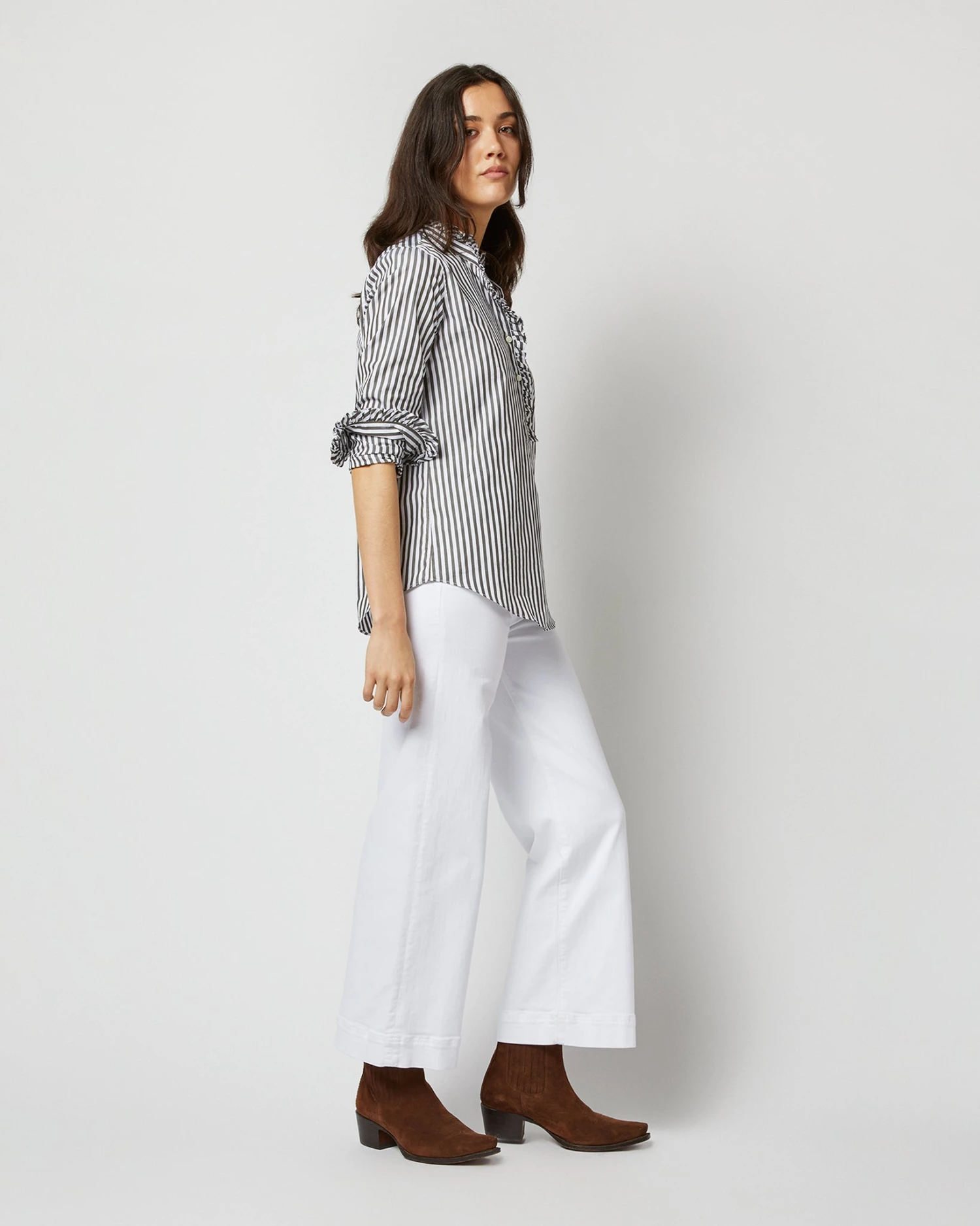 Frill Shirt In Dark Olive Awning Stripe Cotton - Image 6