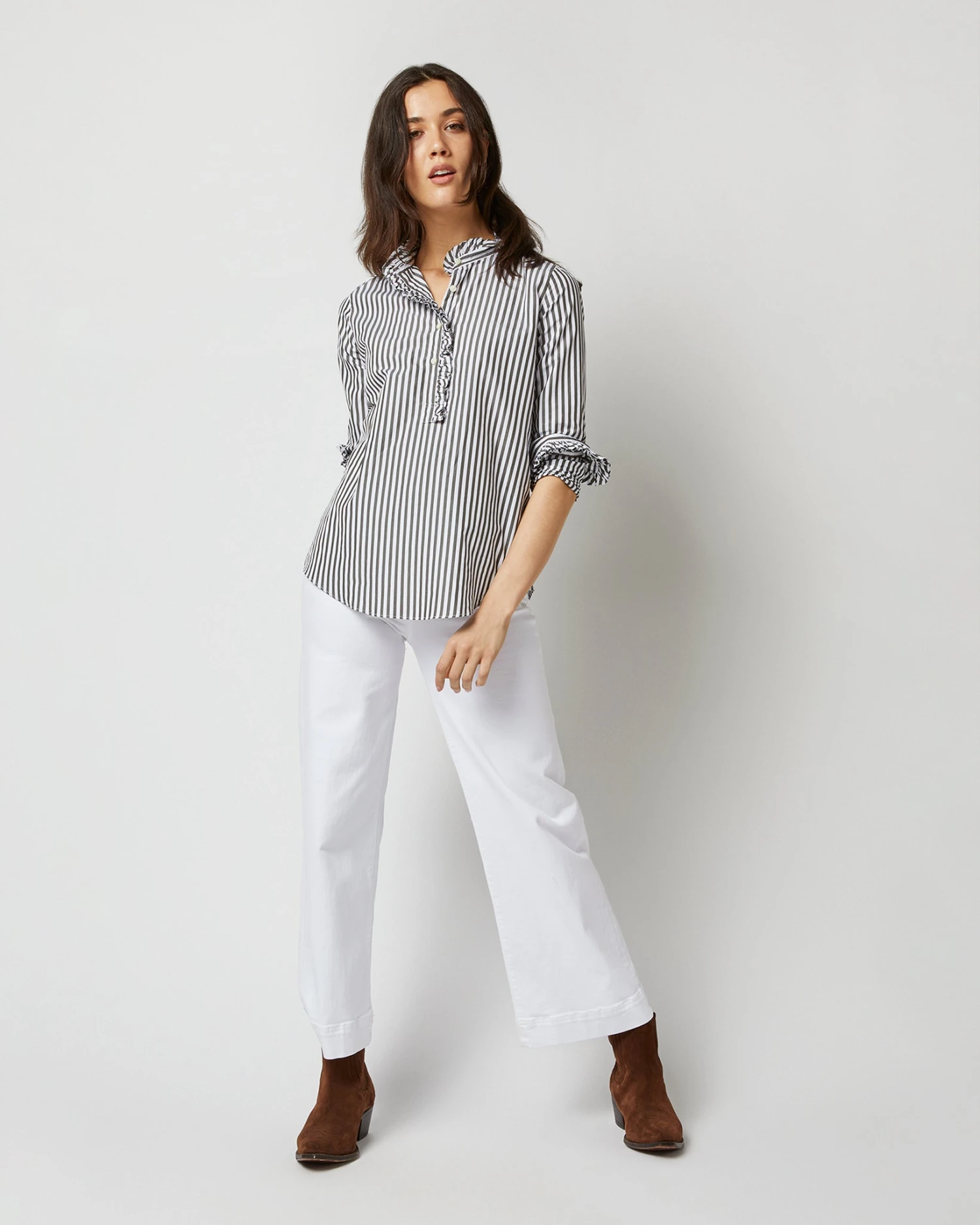 Frill Shirt In Dark Olive Awning Stripe Cotton