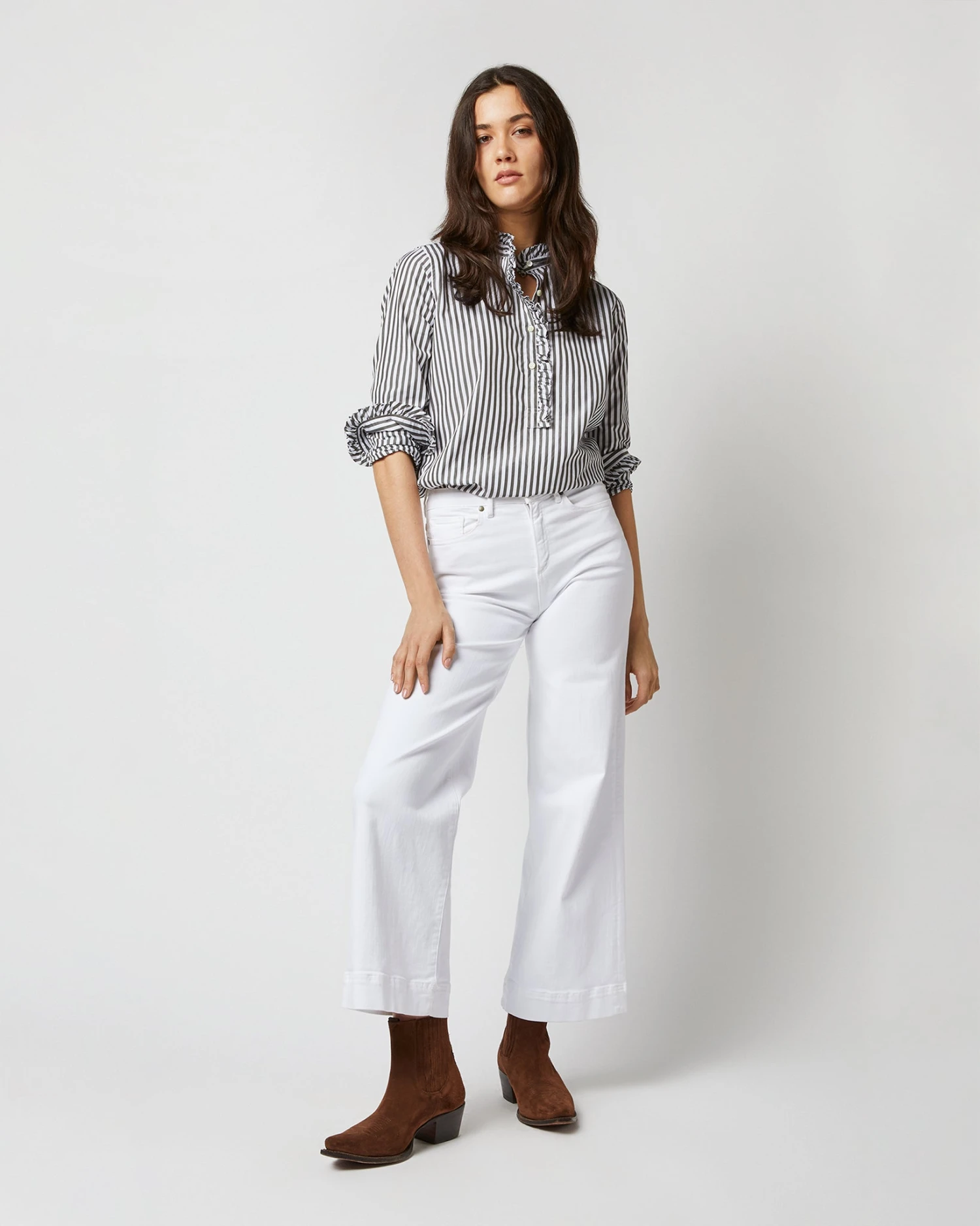 Frill Shirt In Dark Olive Awning Stripe Cotton - Image 4