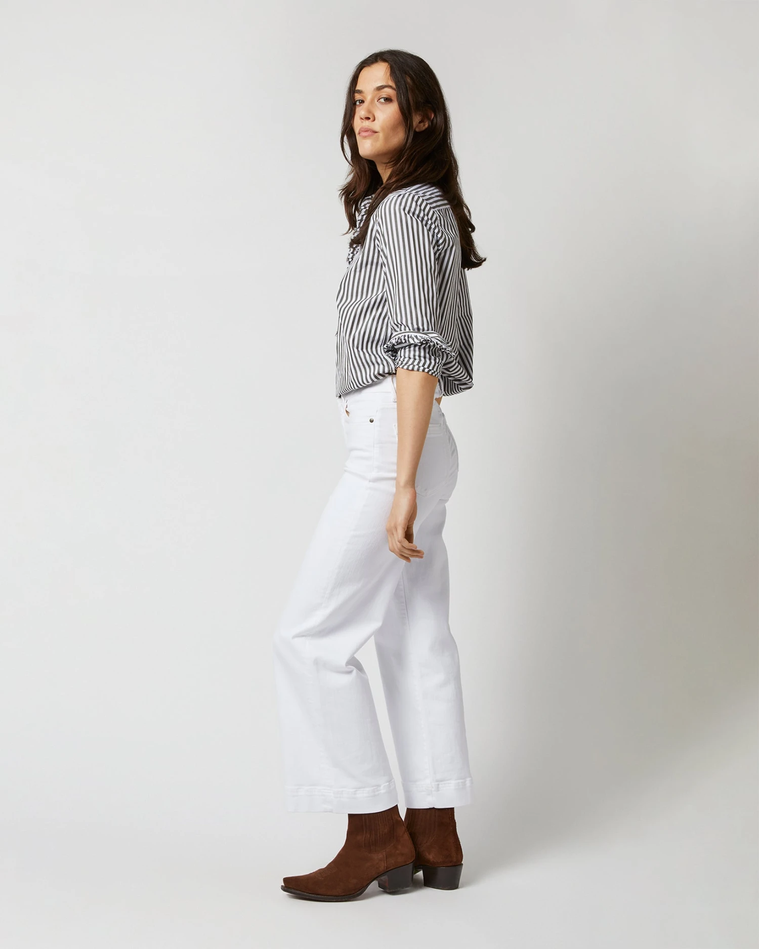 Frill Shirt In Dark Olive Awning Stripe Cotton - Image 5