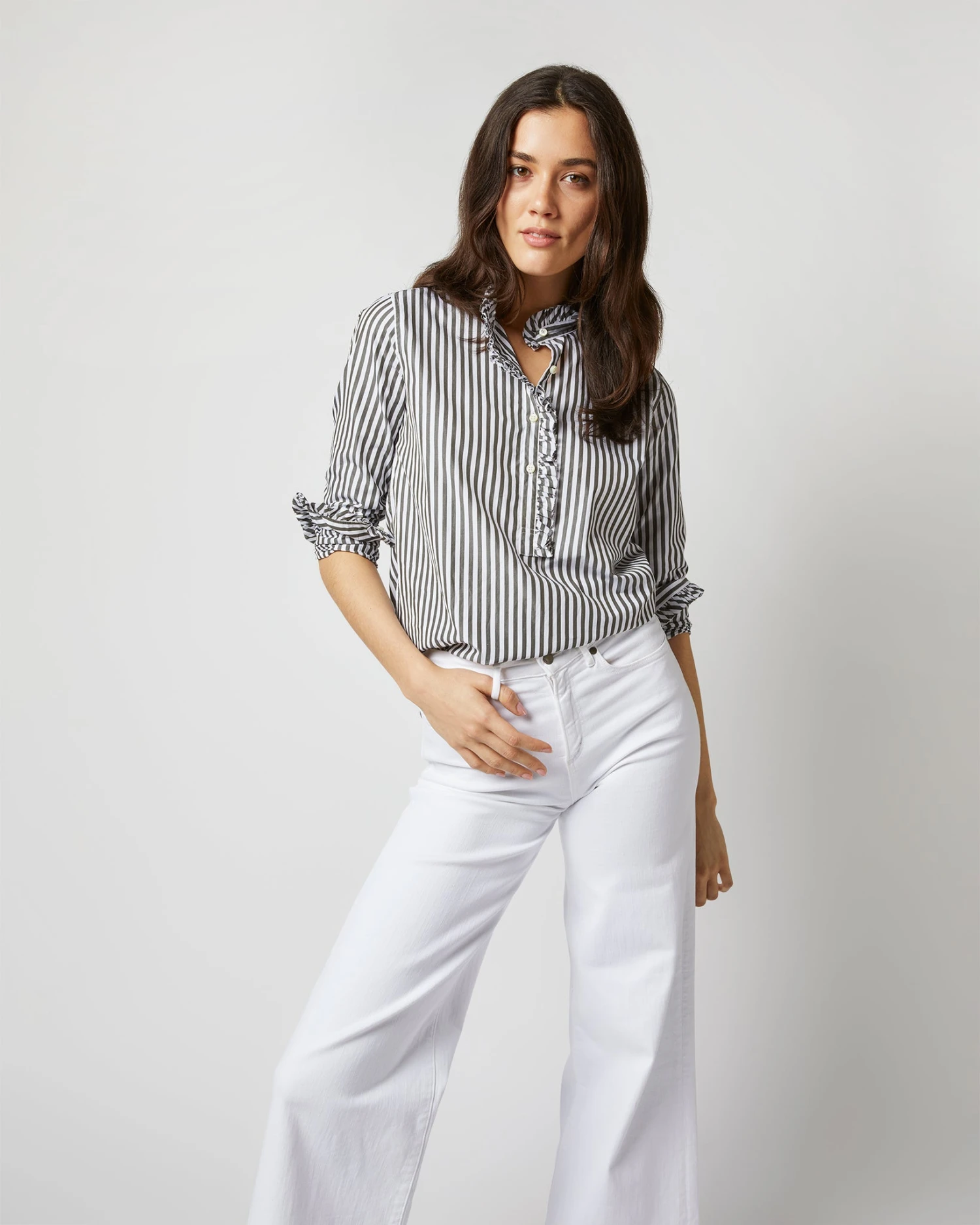 Frill Shirt In Dark Olive Awning Stripe Cotton - Image 3