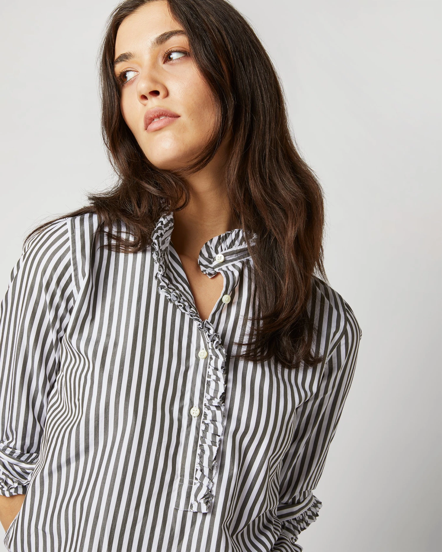 Frill Shirt In Dark Olive Awning Stripe Cotton - Image 2