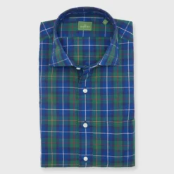 Spread Collar Sport Shirt In Green/Blue/Yellow Plaid Poplin