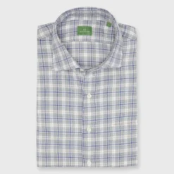 Spread Collar Sport Shirt In Grey/Navy/Ochre Plaid Brushed Twill