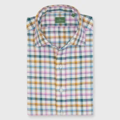 Spread Collar Sport Shirt In Pink/Scotch/Glacier Brushed Twill