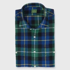 Work Shirt In Green/Blue/Yellow Plaid Brushed Twill