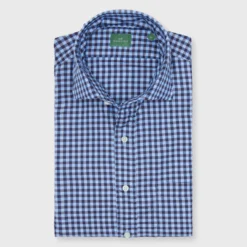 Spread Collar Sport Shirt In Brown/Sky Gingham Twill