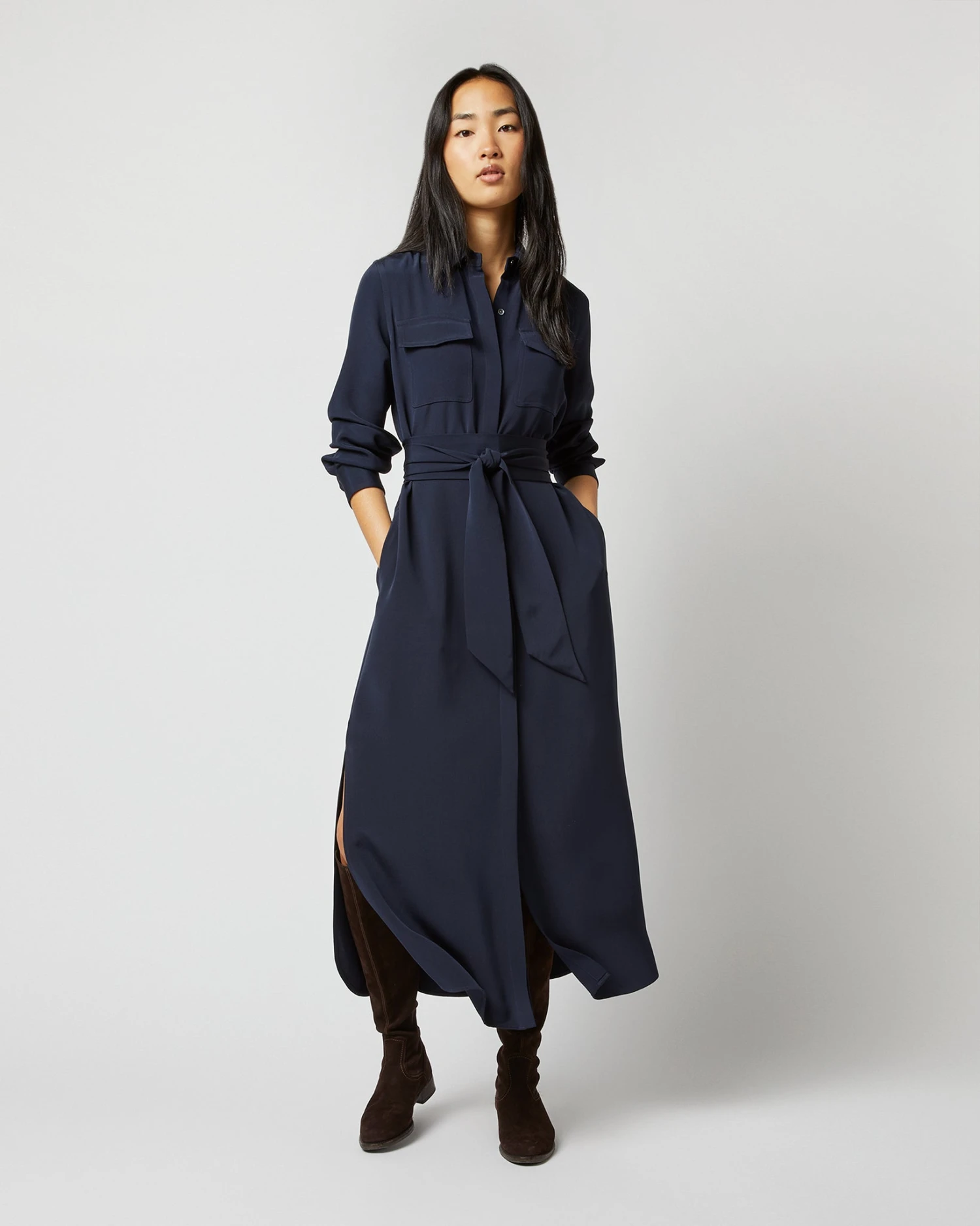 Hannah Dress In Navy Silk Crepe De Chine