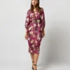 Trapunto Blouson-Sleeve Dress In Berry/Multi Winter Garden Venetian
