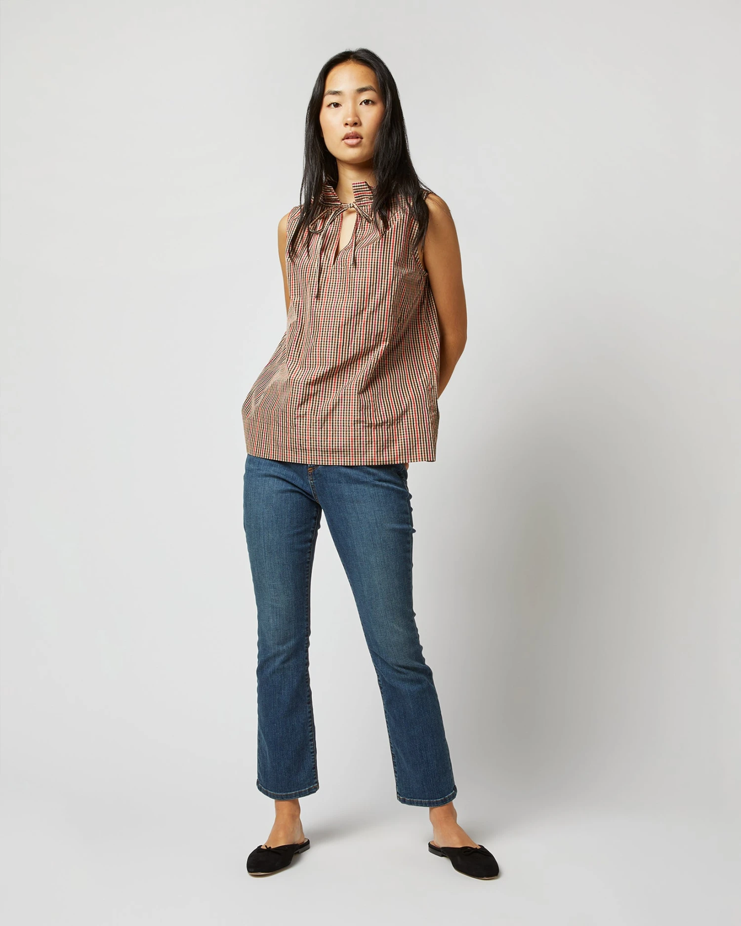 Emilia Top In Red/Brown Check Taffeta