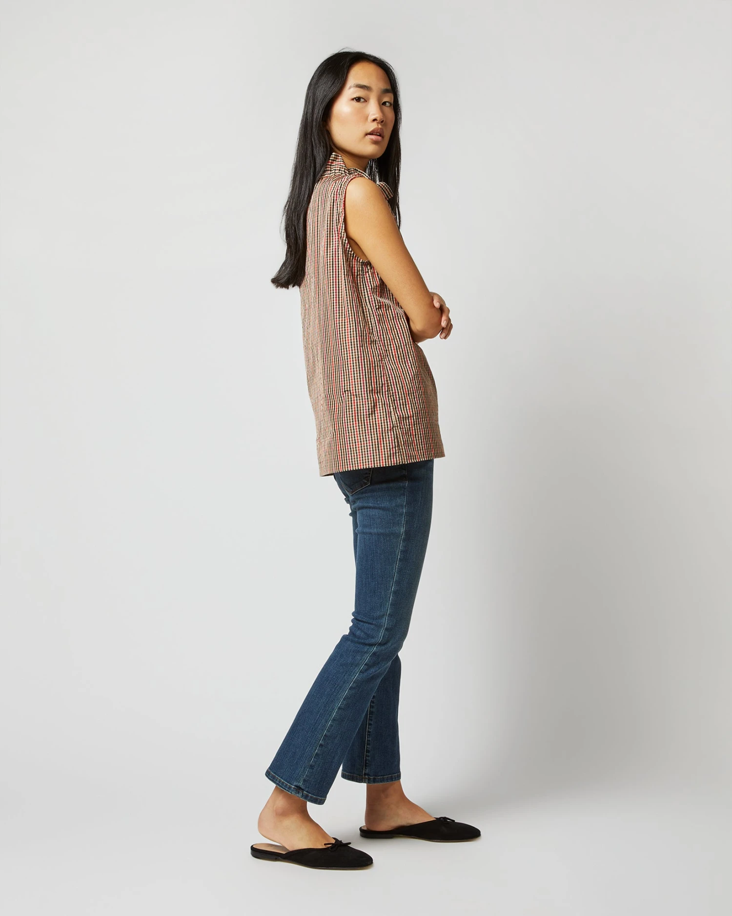 Emilia Top In Red/Brown Check Taffeta - Image 4