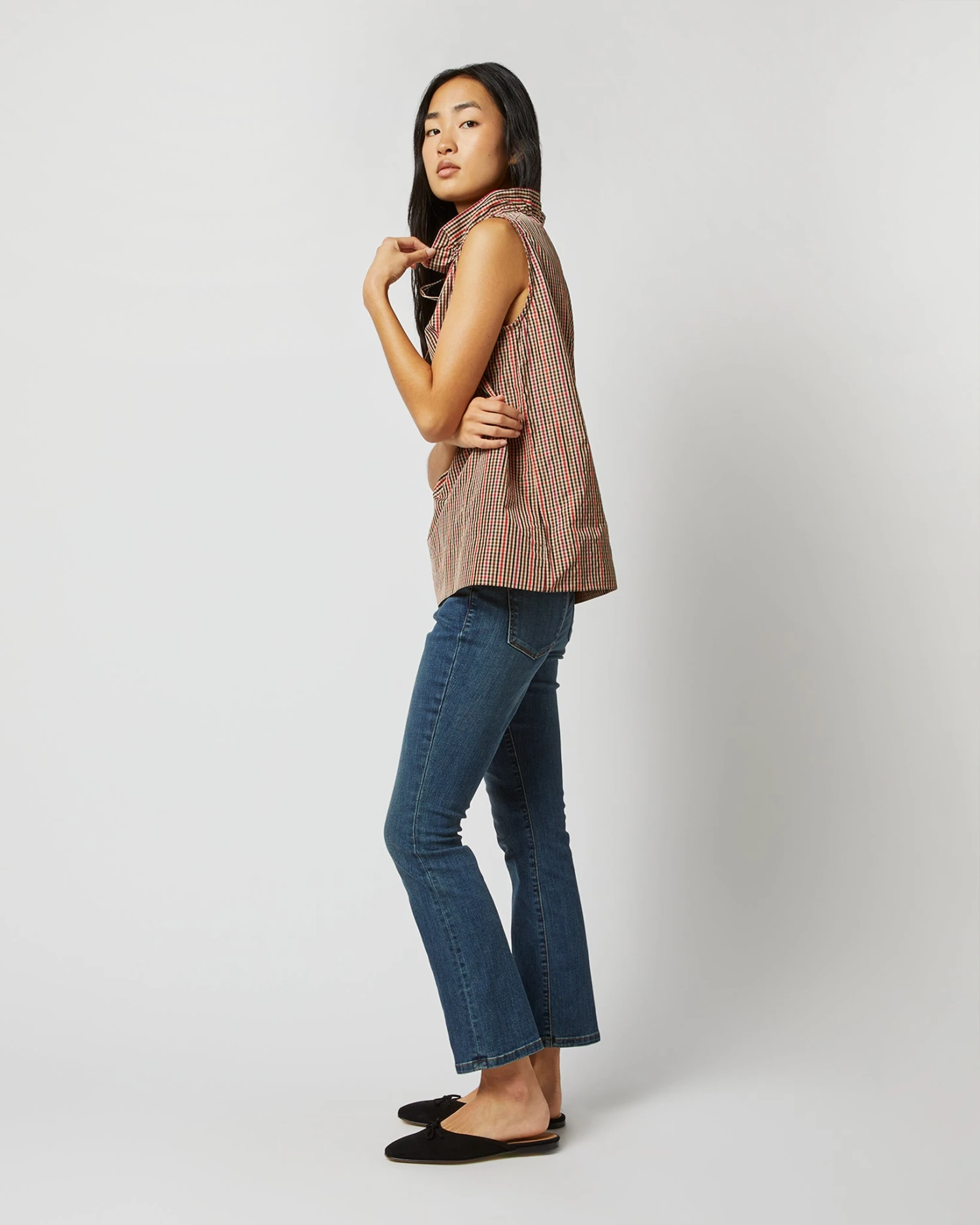 Emilia Top In Red/Brown Check Taffeta - Image 3