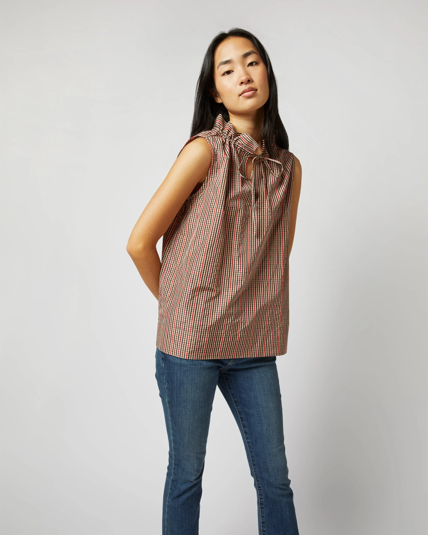 Emilia Top In Red/Brown Check Taffeta - Image 2