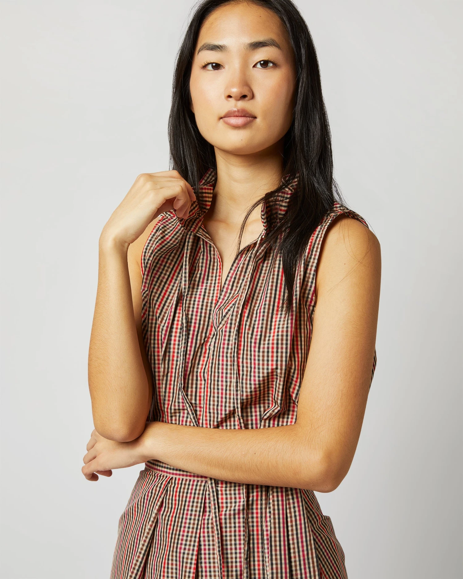 Emilia Top In Red/Brown Check Taffeta - Image 10