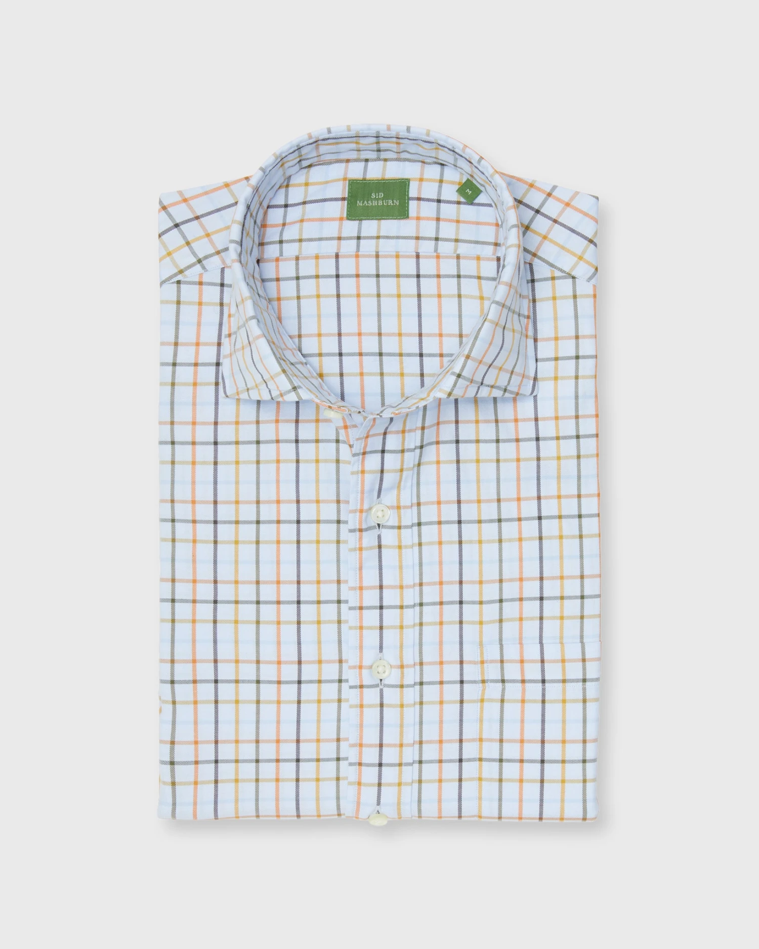 Spread Collar Sport Shirt In Sky/Orange/Olive Tattersall Brushed Twill