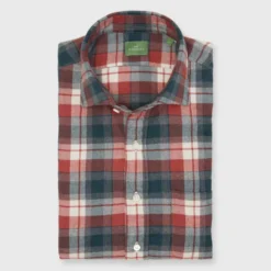 Spread Collar Sport Shirt In Green/Red/Bone Plaid Flannel