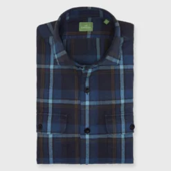 Band-Hem Work Shirt In Blue/Glacier/Olive Plaid Brushed Twill