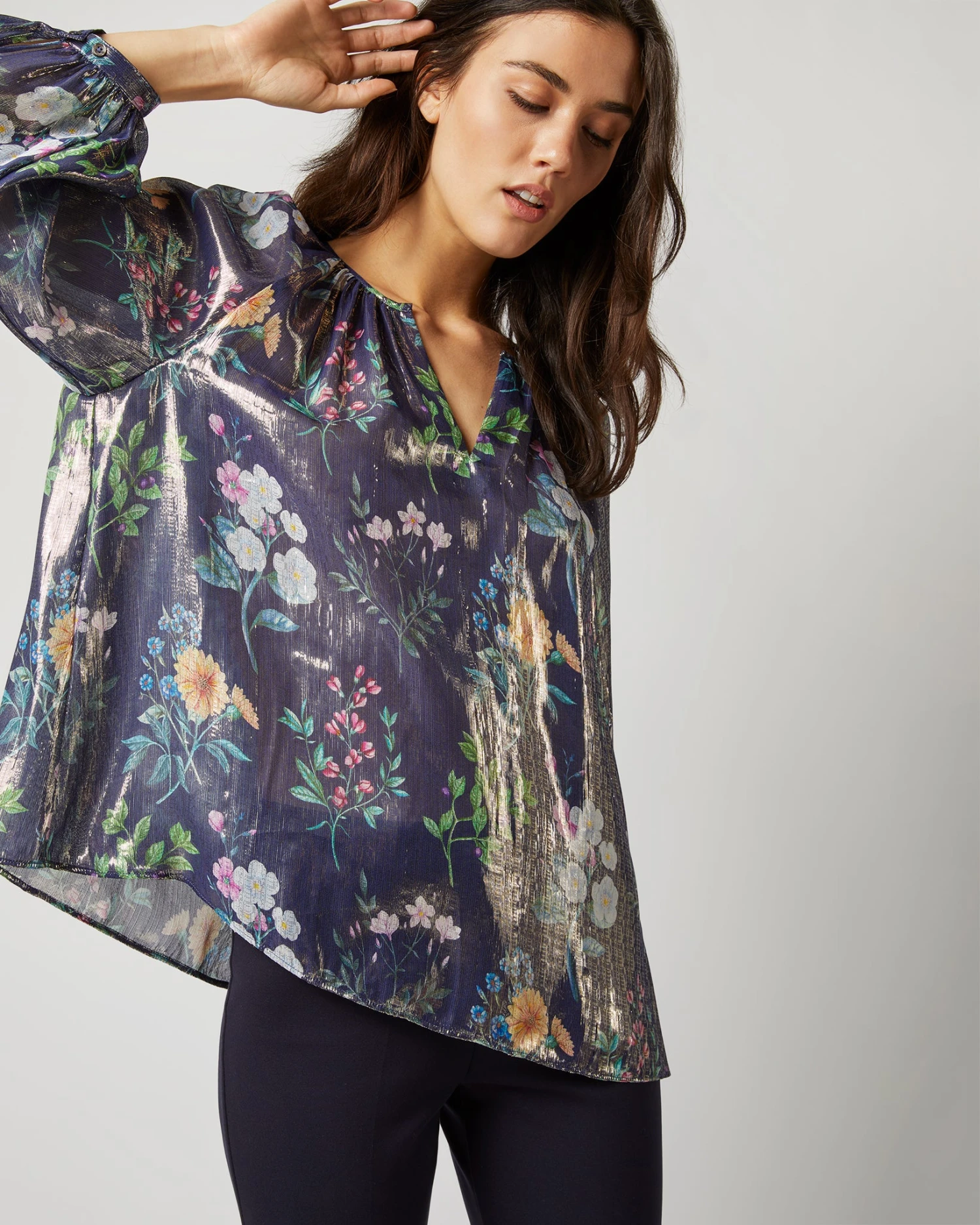 Ariana Blouse In Navy/Metallic Floral Academy Liberty Fabric Lamé - Image 2