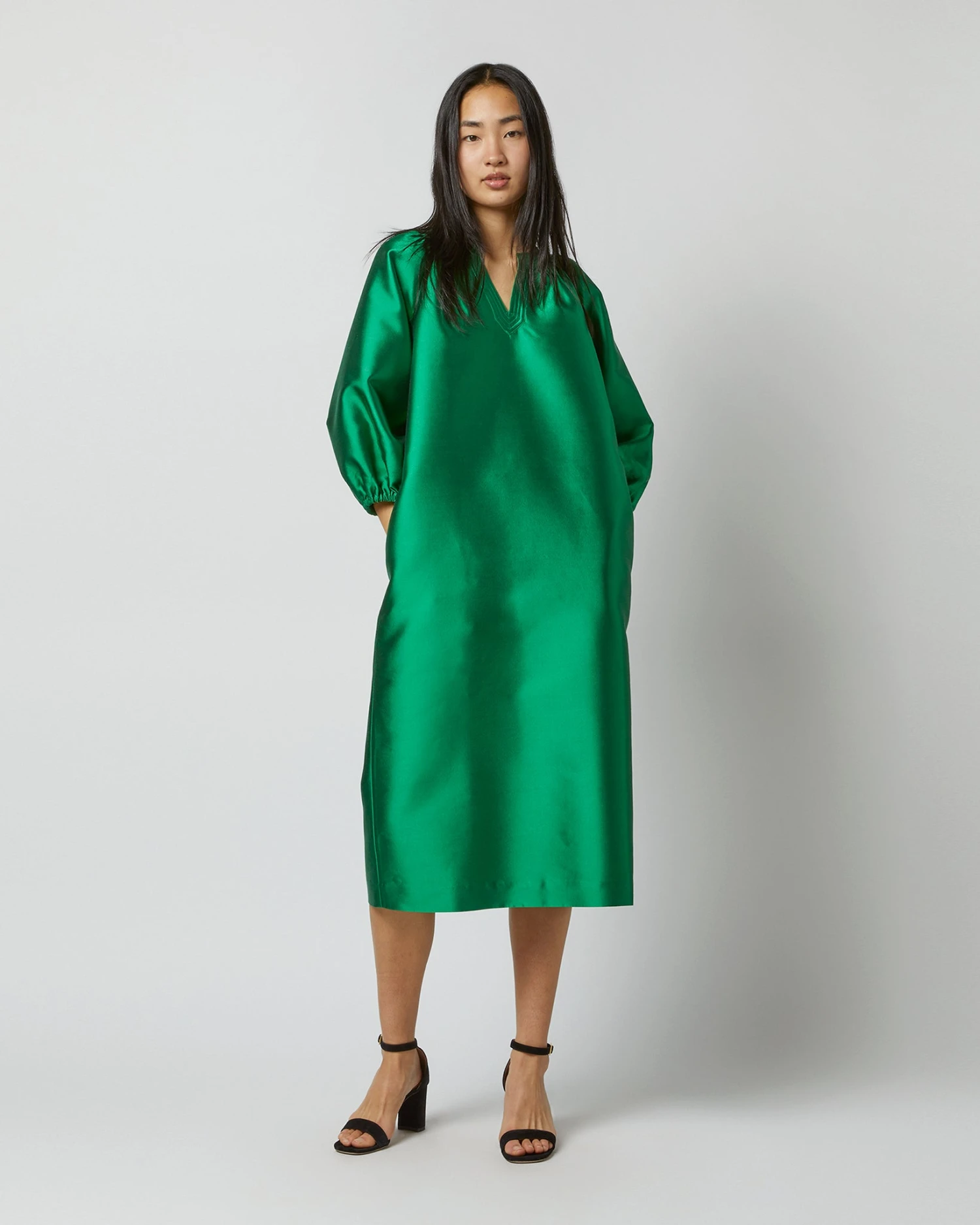 Trapunto Blouson Dress In Emerald Silk/Wool - Image 6