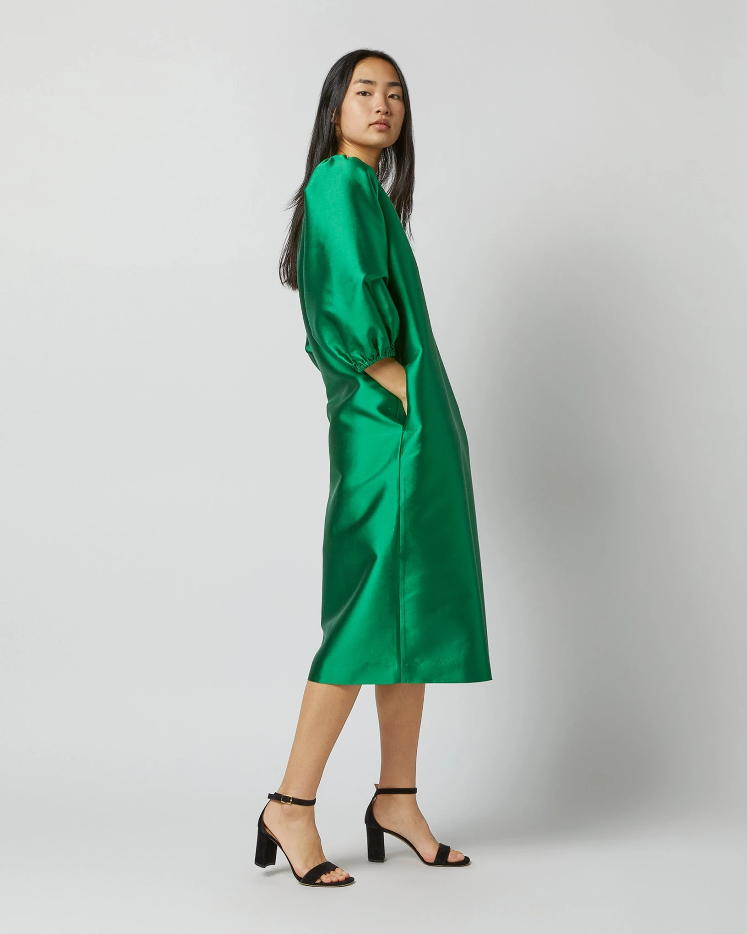 Trapunto Blouson Dress In Emerald Silk/Wool - Image 7