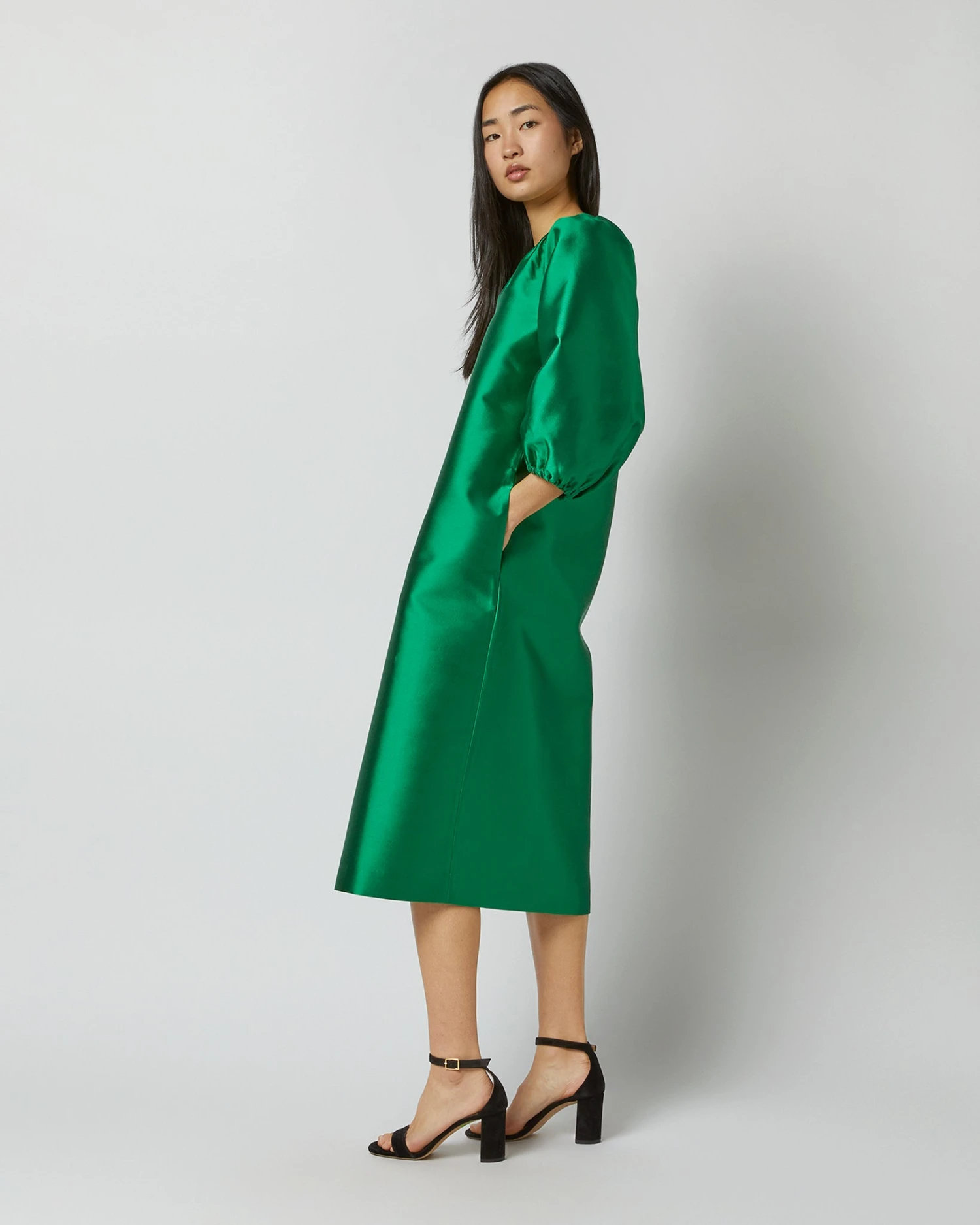 Trapunto Blouson Dress In Emerald Silk/Wool - Image 8