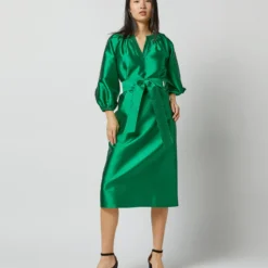 Trapunto Blouson Dress In Emerald Silk/Wool